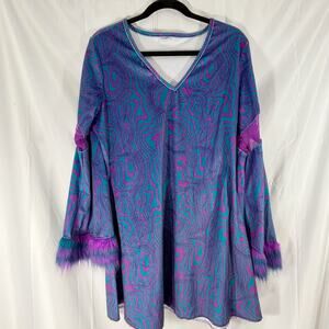 Spirit 70s Go-Go Dress/Tunic Blue Purple L, Flared Bell Sleeves Furry Cuffs